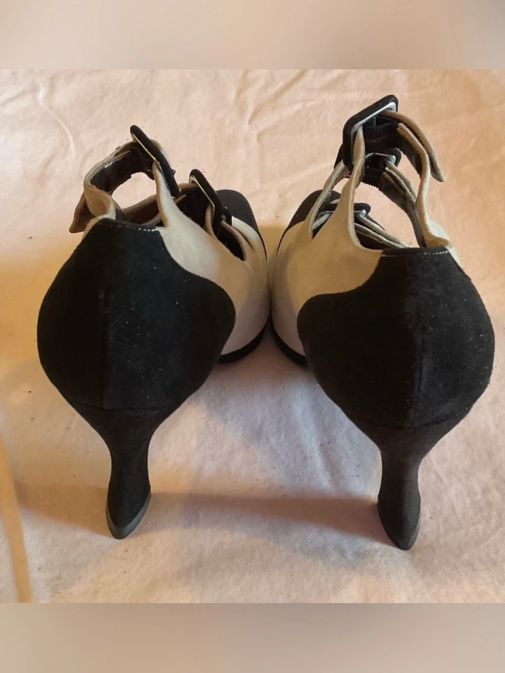 Anne Klein Vintage Grey & Black Cap-Toe Triple Buckle Heeled Booties